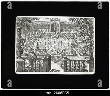 Riproduzione della stampa che mostra un giardino fiorito, tra il 1915 e il 1925. Fotografia di un'incisione di Crespin de Passe, "Hortus Floridus", Arnhem, 1614. Foto Stock