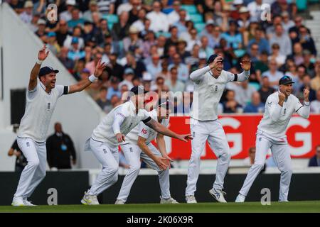 Londra, Regno Unito. 10th Set, 2022. James Anderson, ben Stokes, Harry Brook, Zak Crawley e Joe Root celebrano dopo le ciotole di Oliver Robinson Keegan Petersen in Sudafrica durante il terzo LV= Insurance Test Day 3 del 5 Inghilterra vs Sud Africa al Kia Oval, Londra, Regno Unito, 10th settembre 2022 (Foto di ben Whitley/News Images) A Londra, Regno Unito, il 9/10/2022. (Foto di ben Whitley/News Images/Sipa USA) Credit: Sipa USA/Alamy Live News Foto Stock