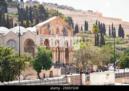 GERUSALEMME, ISRAELE - 19 agosto 2022: Chiesa di tutte le Nazioni situata sul Monte degli Ulivi Foto Stock