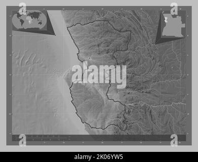 Bengo, provincia dell'Angola. Mappa in scala di grigi con laghi e fiumi. Mappe delle posizioni ausiliarie degli angoli Foto Stock