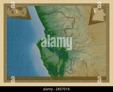 Bengo, provincia dell'Angola. Mappa di altitudine colorata con laghi e fiumi. Mappe delle posizioni ausiliarie degli angoli Foto Stock