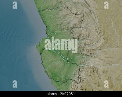 Bengo, provincia dell'Angola. Mappa dell'altitudine colorata in stile wiki con laghi e fiumi Foto Stock