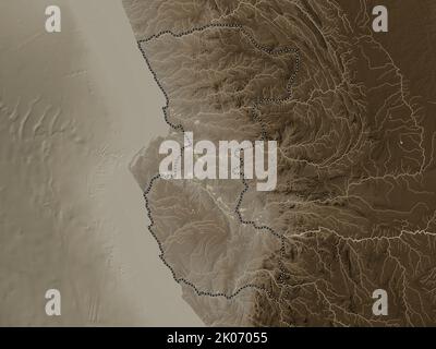 Bengo, provincia dell'Angola. Mappa dell'altitudine colorata in tonalità seppia con laghi e fiumi Foto Stock