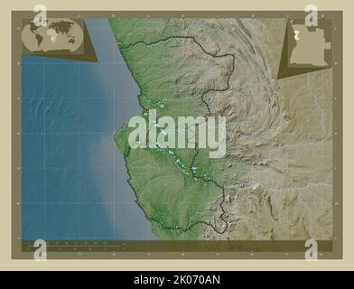 Bengo, provincia dell'Angola. Mappa dell'altitudine colorata in stile wiki con laghi e fiumi. Mappe delle posizioni ausiliarie degli angoli Foto Stock