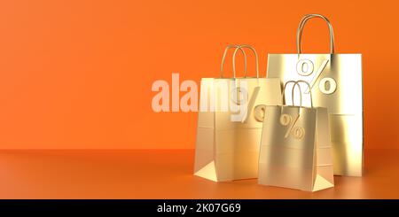 Promozione Halloween sale con sacchetti di carta dorata di lusso percentuale su sfondo arancione, spazio copia. Shopping card stagionale, banner web, vendita, sconto Foto Stock