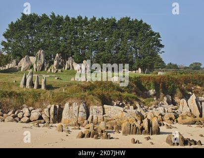 Cluster di megaliti, Menhir, ai margini della zona intertidale sulla spiaggia di Guisseny in Bretagna, Guisseny, Finistere, Francia Foto Stock