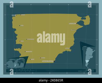 Chubut, provincia dell'Argentina. Forma a tinta unita. Località e nomi delle principali città della regione. Mappe delle posizioni ausiliarie degli angoli Foto Stock