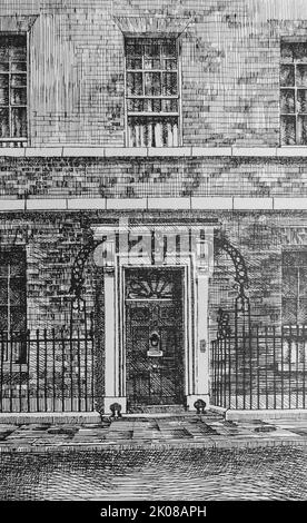 10 Downing Street a Londra, nota anche nel Regno Unito come numero 10, è la residenza ufficiale e l'ufficio esecutivo del primo Signore del Tesoro, di solito anche, per convenzione, il primo ministro del Regno Unito. Insieme all'adiacente Gabinetto del 70 Whitehall, è la sede del governo del Regno Unito. Illustrazione 1950 Foto Stock