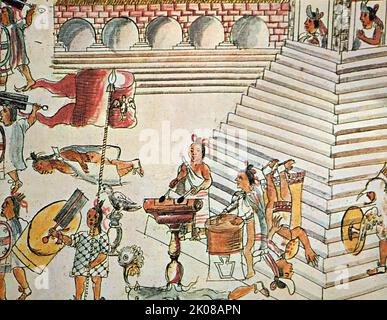 Illustrazione dei sacerdoti aztei che guidano le vittime umane sui gradini per l'alter per il sacrificio nei templi Messico, dove Hernan Cortes scoperto 136.000 teschi. Hernan Cortes de Monroy y Pizarro Altamirano, 1st Marchese della Valle di Oaxaca (1485 - 2 dicembre 1547) Era un conquistador spagnolo che ha condotto una spedizione che ha causato la caduta dell'impero azteco e ha portato grandi porzioni di ciò che è ora il Messico continentale sotto il dominio del re di Castiglia all'inizio del 16th ° secolo Foto Stock