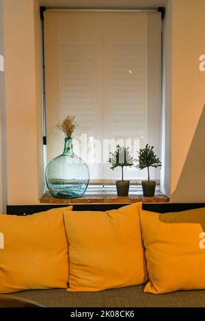 finestra chiusa con zanzariera e decorazione interna in vetro e cuscini. Foto Stock