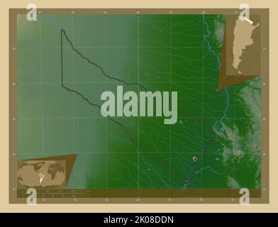 Formosa, provincia dell'Argentina. Mappa di altitudine colorata con laghi e fiumi. Mappe delle posizioni ausiliarie degli angoli Foto Stock