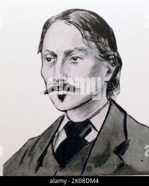 Robert Louis Stevenson (Robert Lewis Balfour Stevenson, 13 novembre 1850 – 3 dicembre 1894) è stato un . E' meglio conosciuto per lavori come Treasure Island, Strange Case of Dr Jekyll e MR Hyde, rapiti e un Giardino dei versi di un bambino. Disegno in bianco e nero Foto Stock