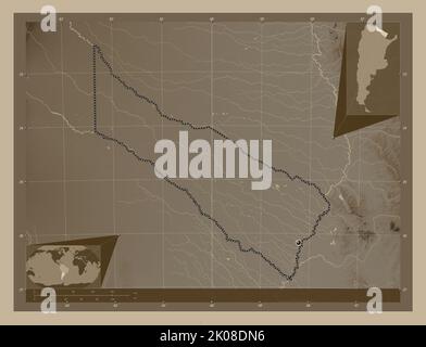 Formosa, provincia dell'Argentina. Mappa dell'altitudine colorata in tonalità seppia con laghi e fiumi. Mappe delle posizioni ausiliarie degli angoli Foto Stock