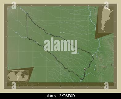 Formosa, provincia dell'Argentina. Mappa dell'altitudine colorata in stile wiki con laghi e fiumi. Mappe delle posizioni ausiliarie degli angoli Foto Stock