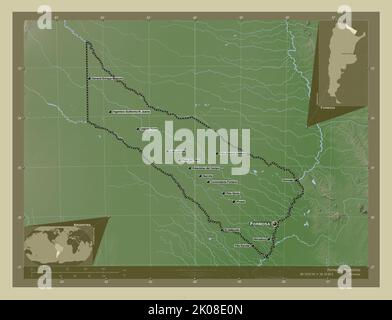 Formosa, provincia dell'Argentina. Mappa dell'altitudine colorata in stile wiki con laghi e fiumi. Località e nomi delle principali città della regione. Angolo a Foto Stock