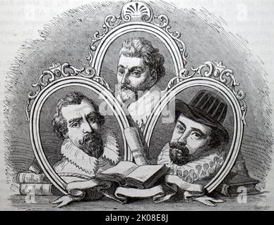 Frobisher, Hawkins e Drake. Sir Martin Frobisher (1535 – 22 novembre 1594) è stato un marinaio inglese e un privato che ha compiuto tre viaggi nel nuovo mondo in cerca del passaggio nord-ovest. Sir John Hawkins (1532-1595) è stato un marinaio elisabettiano, mercante e amministratore navale. Sir Francis Drake (28 gennaio 1596) è stato un . Disegno bianco e nero dei tre uomini Foto Stock