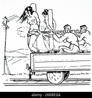 Illustrazione di Cartoon le donne del boer che sono usate come scudi dalle forze britanniche durante la seconda guerra anglo-boer (1899-1902). La seconda Guerra Boera fu un conflitto combattuto tra l'Impero britannico e le due Repubbliche Boere Foto Stock