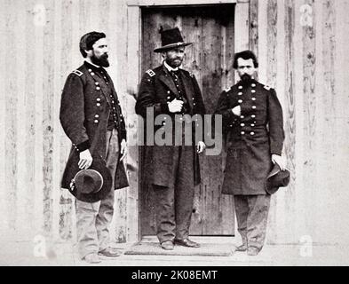 Generale John A. Rawlins, generale U. S. Grant, colonnello Theo S. Bowers durante la guerra civile americana. La guerra civile americana (12 aprile 1861 – 9 maggio 1865) è stata una guerra civile negli Stati Uniti tra l'Unione e gli stati confederati Foto Stock