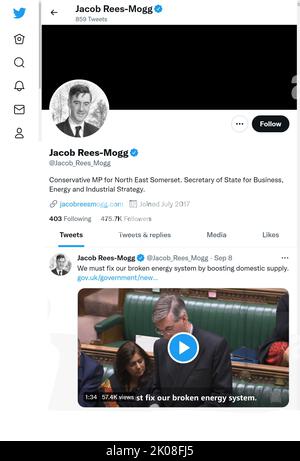 Pagina Twitter (settembre 2022) di Jacob Rees-Mogg MP - Segretario aziendale - poco dopo la morte della Regina Elisabetta II Foto Stock