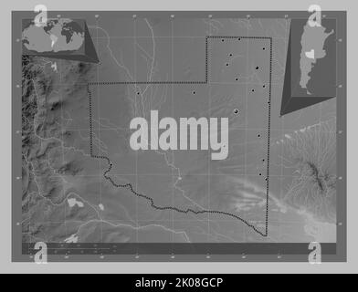 La Pampa, provincia dell'Argentina. Mappa in scala di grigi con laghi e fiumi. Posizioni delle principali città della regione. Mappa della posizione ausiliaria ad angolo Foto Stock