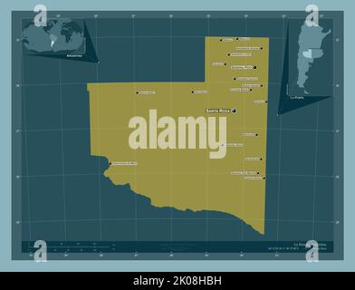 La Pampa, provincia dell'Argentina. Forma a tinta unita. Località e nomi delle principali città della regione. Mappe delle posizioni ausiliarie degli angoli Foto Stock