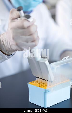 Campioni pipettati da scienziati cinesi in laboratorio Foto Stock