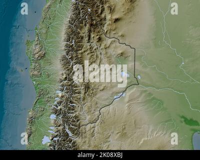 Neuquen, provincia dell'Argentina. Mappa dell'altitudine colorata in stile wiki con laghi e fiumi Foto Stock