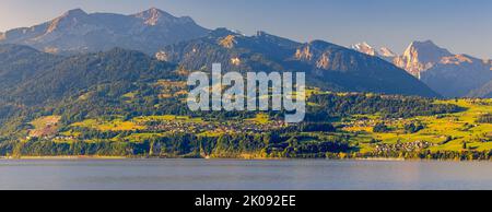 Un'ampia immagine panoramica di una bella mattinata estiva al lago Thun. I villaggi di Spiez, Faulensee e Krattigen sono anche un bel punto di interno Foto Stock