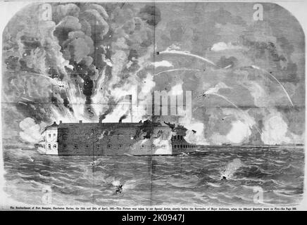 Il bombardamento di Fort Sumter, Charleston Harbor, South Carolina, 12th e 13th aprile 1861. Battaglia di Fort Sumter nella guerra civile americana. Illustrazione del 19th° secolo dal quotidiano illustrato di Frank Leslie Foto Stock