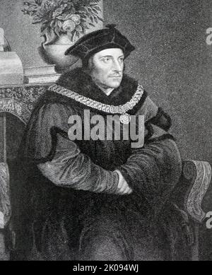 Sir Thomas More, da un dipinto di Holbein. Sir Thomas More (San Tommaso, 7 febbraio 1478 – 6 luglio 1535), venerato nella Chiesa cattolica come San Tommaso More, è stato un avvocato, giudice, filosofo sociale inglese, autore, statista, E noto umanista rinascimentale. Fu anche a Enrico VIII come Lord High Chancellor d'Inghilterra dall'ottobre 1529 al maggio 1532. Foto Stock