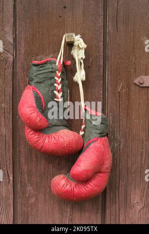 I vecchi guanti da boxe rossi in pelle appendono sullo sfondo del legno in marrone Foto Stock