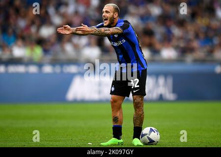 Milano, Italia. 10 settembre 2022. Federico Dimarco del FC Internazionale reagisce durante la Serie A una partita di calcio tra FC Internazionale e Torino FC. Credit: Nicolò campo/Alamy Live News Foto Stock