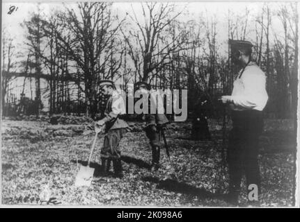 L'imperatore Nicola II lavora nel giardino della cucina a Tsarskoe Selo. Nicola II o Nikolai II Alexandrovich Romanov (6 maggio 1868 – 17 luglio 1918), noto nella Chiesa ortodossa russa come San Nicola il portatore della Passione, fu l'ultimo imperatore della Russia, re del Congresso di Polonia e Granduca di Finlandia, Sentenza del 1 novembre 1894 fino alla sua abdicazione del 15 marzo 1917. Foto Stock