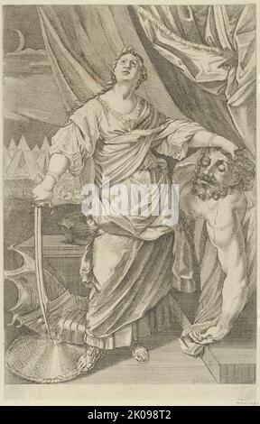 Judith in piedi e guardando in su, tenendo la testa di Holofernes nella sua mano sinistra e una spada nella sua destra, tende sullo sfondo, dopo reni, 1650-1750. Foto Stock