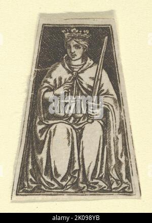 La virtù cardinale della giustizia rappresentata da una donna seduta che tiene un paio di scale e una spada (forse un'impressione moderna), ca. 1480-1520. Foto Stock