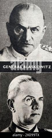 Generale Blaskowitz. Center Johannes Albrecht Blaskowitz Johannes Albrecht Blaskowitz (10 luglio 1883 – 5 febbraio 1948) è stato un generale tedesco durante la seconda guerra mondiale, vincitore della Croce di Cavaliere della Croce di ferro con foglie di quercia e spade. Blaskowitz guidò l'esercito del 8th durante l'invasione della Polonia e fu comandante in capo della Polonia occupata dal 1939 al 1940; Aveva scritto diversi memoranda per l'Alto comando tedesco che protestava contro le atrocità delle SS e condanne a morte ai membri delle SS per crimini contro la popolazione civile. Fu licenziato, ma poi ri-nominato. Dopo la guerra, fu accusato di guerra cr Foto Stock