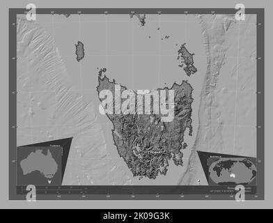 Tasmania, stato dell'Australia. Mappa altimetrica bilivello con laghi e fiumi. Località e nomi delle principali città della regione. Posizione ausiliaria angolo Foto Stock