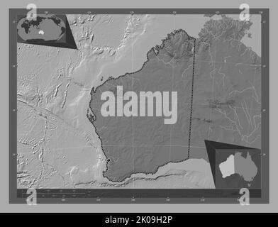 Australia Occidentale, stato dell'Australia. Mappa altimetrica bilivello con laghi e fiumi. Posizioni delle principali città della regione. Posizione ausiliaria ad angolo Foto Stock