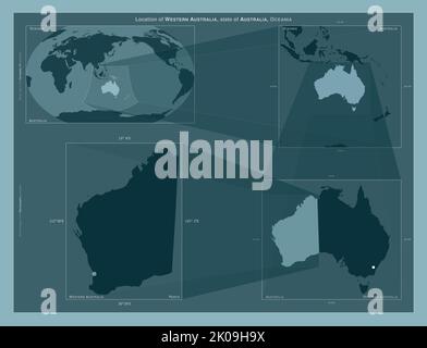 Australia Occidentale, stato dell'Australia. Diagramma che mostra la posizione della regione su mappe in scala più grande. Composizione di fotogrammi vettoriali e forme PNG su Foto Stock