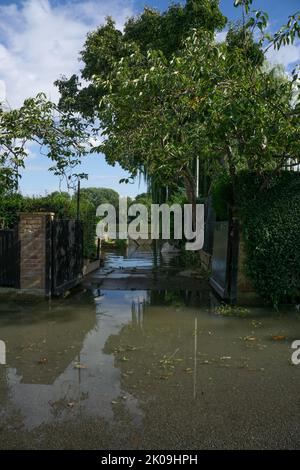 Londra, Inghilterra, Regno Unito. 10th settembre 2022. Acqua che invade la strada sulla riva del Tamigi dopo i temporali a Chiswick, West London. Cristina Massei/Alamy Live News Foto Stock