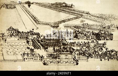 Vista dall'alto di Whitehall, Arlington House, St James's Park e St James's Palace. Illustrazione di Leonard Knyff. Leonard Knyff o Leendert Knijff (Haarlem, 10 agosto 1650 – Londra, 1722 aprile) è stato un . Fu figlio del pittore di paesaggio Wouter Knijff e fratello di Jacob Knijff e partì intorno al 1681 dall'Olanda all'Inghilterra. Knyff ha collaborato con Kip per produrre vedute di case di campagna e giardini per Britannia illustrata e il Teatro le Nouveau. Foto Stock