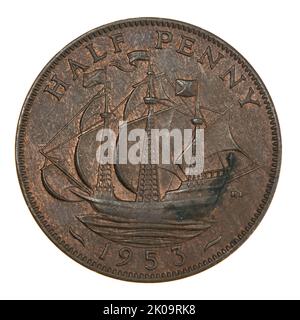 Grande moneta da mezzo Penny Bronze del 1953 con barca a vela Foto Stock
