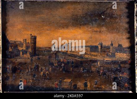 Pont-Neuf, visto dall'ingresso di Place Dauphine, l'Hotel de Nevers, il Tour de Nesle, Grande Galerie, con porta nuova, e il Louvre, intorno al 1640, circoscrizioni attuali del 1st e del 6th. Foto Stock