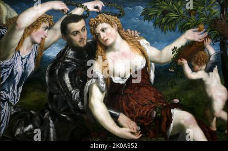 Allegoria, c1560, di Parigi Bordone. Parigi Bordone (Parigi Paschalinus Bordone, 5 luglio 1500 – Parigi, 19 gennaio 1571) è stato un pittore italiano del Rinascimento veneziano che, nonostante la formazione con Tiziano, mantenne un tratto di complessità manierista e vigore provinciale Foto Stock