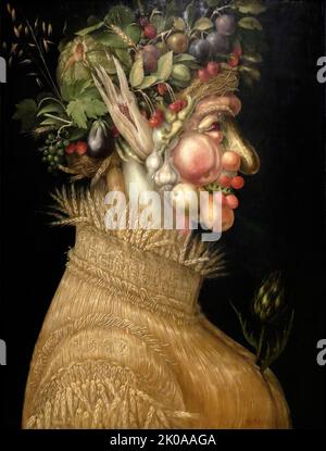 I dipinti Inverno e acqua di Giuseppe Arcimboldo (1526 o 1527 - 11 luglio 1593), pittore italiano noto per la creazione di fantasiose teste di ritratti realizzate interamente con oggetti come frutta, verdura, fiori, pesce e libri Foto Stock