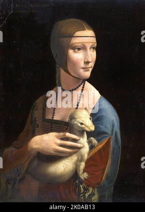 La Signora con un Ermine; un ritratto attribuito all'artista rinascimentale italiano Leonardo da Vinci. Datato al 1489-1491, l'opera è dipinta ad olio su un pannello di legno di noce. Il suo soggetto è Cecilia Gallerani, amante di Ludovico Sforza, Duca di Milano Foto Stock