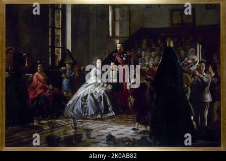 L'Imperatore, l'imperatrice e il Principe Imperiale visitano un orfanotrofio a Fontainebleau, c1867. Foto Stock
