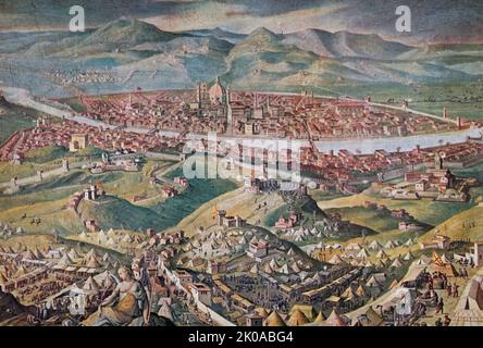 Firenze assediò. Un panorama di Vasari, che mostra come la repubblica fu finalmente schiacciata nel 1530. Giorgio Vasari (30 luglio 1511 – 27 giugno 1574) è stato un pittore, architetto, ingegnere, scrittore e storico italiano Foto Stock