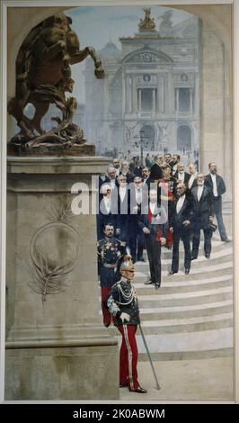 Presidente Sadi Carnot circondato da personalità della terza Repubblica, di fronte all'Opera, c1889. Foto Stock