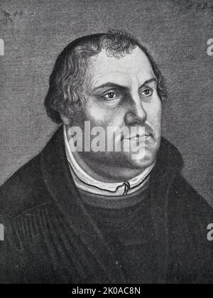 Incisione di Martin Luther (1483 - 1546); sacerdote, teologo, autore, compositore tedesco, Ex frate agostiniano, ed è meglio conosciuto come una figura seminale nella riforma protestante e come il nome del luteranesimo Foto Stock
